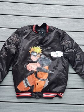 Naruto Reason Graphic Black Bomber Jacket with Orange Accent Satin Men M NWT